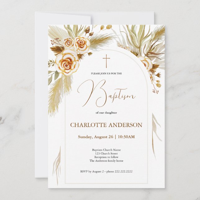 Invitación Baptism pampas césped acuarela boho elegante (Anverso)