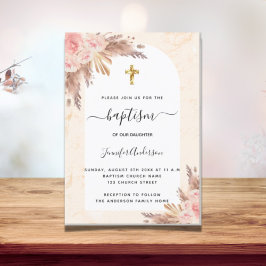 Invitación Baptism pampas pasto rosa chica de mármol rubor do