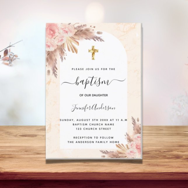 Invitación Baptism pampas pasto rosa chica de mármol rubor do (Subido por el creador)