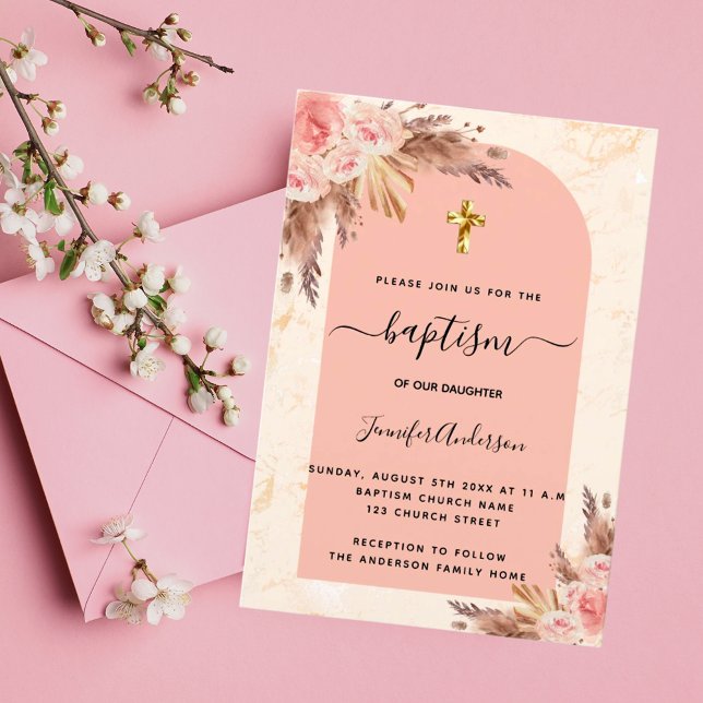 Invitación Baptism pampas pasto rosa chica de mármol rubor do (Subido por el creador)