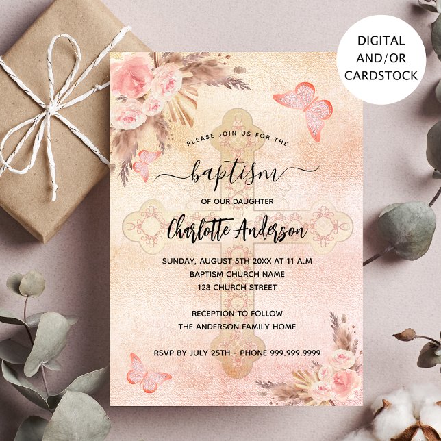 Invitación Baptism pampas pasto soplo mariposa chica floral (Subido por el creador)