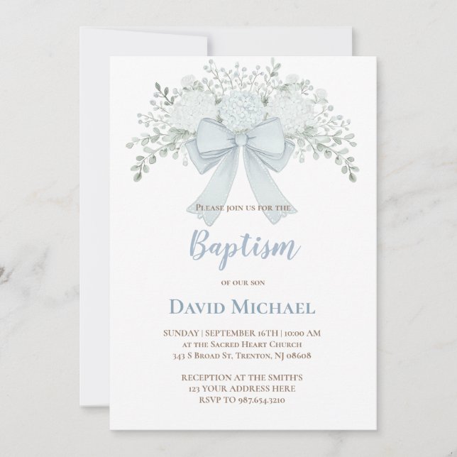Invitación Baptism pastel blue floral bow (Anverso)