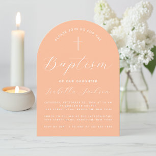 Invitación Baptism Peach Arch Chica de escritura moderna Chri