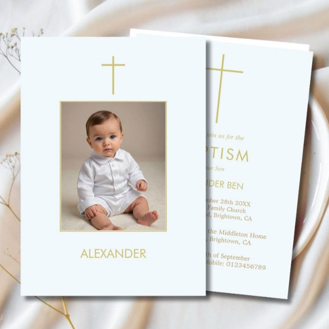 Invitación Baptism Photo Boys Blue Gold Religious (Subido por el creador)