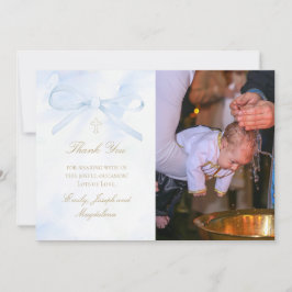 Invitación Baptism photo watercolor blue bow thank you card