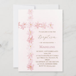 Invitación Baptism pink floral cross 