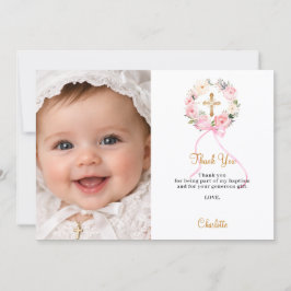 Invitación Baptism pink florals bow photo girl thank you card