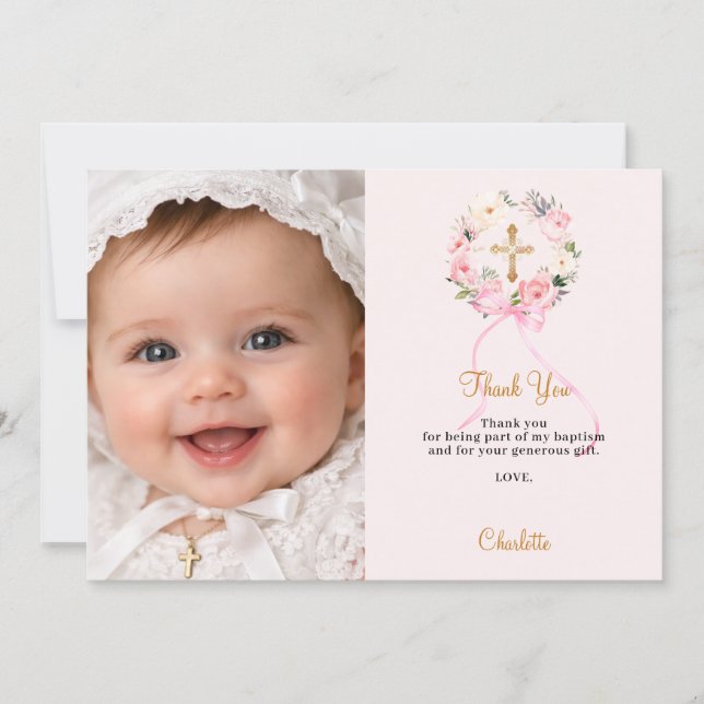 Invitación Baptism pink florals bow photo girl thank you card (Anverso)