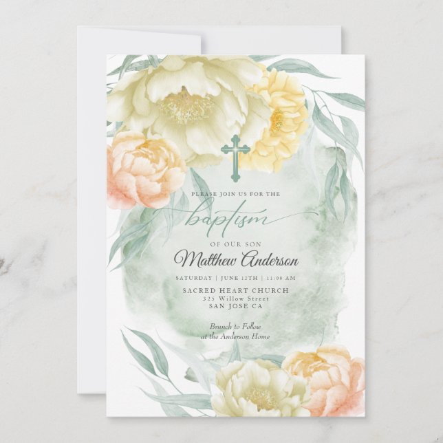 Invitación BAPTISM Rústica Marfil Soleado Floral Amarilla (Anverso)