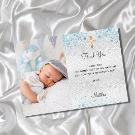 Invitación Baptism silver blue photo boy gracias card