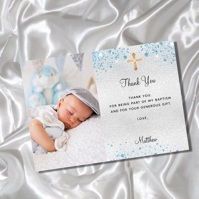 Invitación Baptism silver blue photo boy gracias card (Subido por el creador)