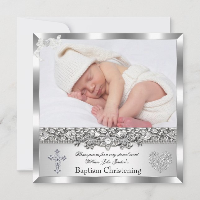 Invitación Baptism Silver Photo Cross Chica o niño cruzado de (Anverso)