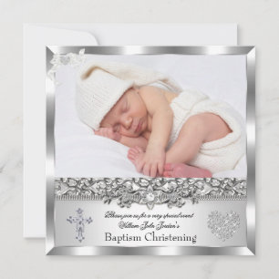 Invitación Baptism Silver Photo Cross Chica o niño cruzado de