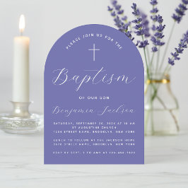 Invitación Baptism Violet Arch Simple Moderno Script & Cross