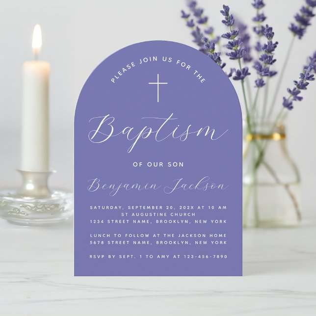 Invitación Baptism Violet Arch Simple Moderno Script & Cross (Subido por el creador)