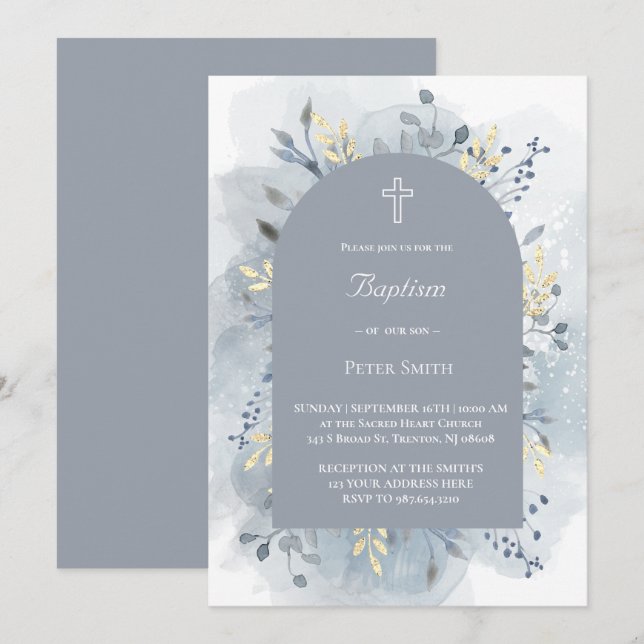Invitación Baptism watercolor foliage  (Anverso / Reverso)