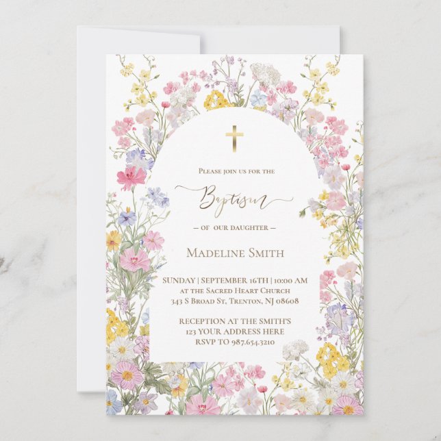 Invitación Baptism watercolor meadow flowers (Anverso)