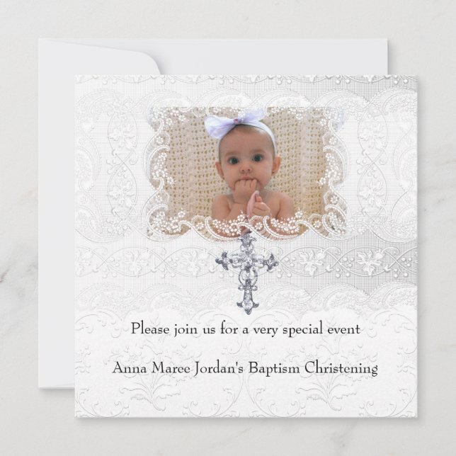 Invitación Baptism White Lace Photo JewCross (Anverso)