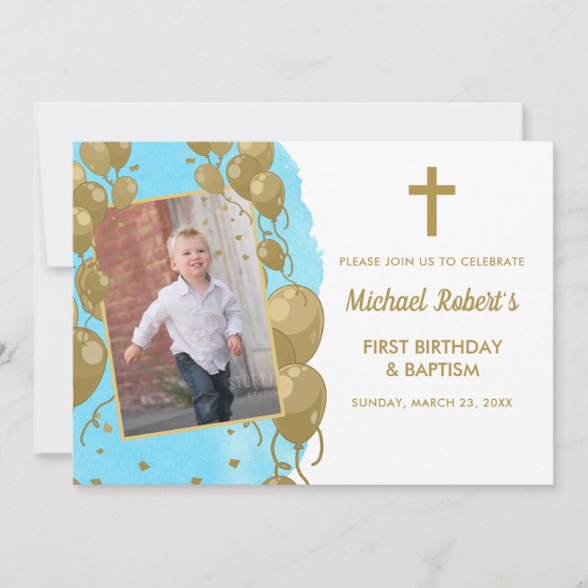 Invitación Baptismo 1er cumpleaños Oro Azul foto de texto (Anverso)