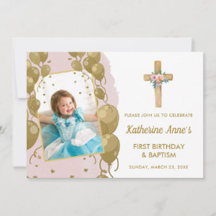 Invitación Baptismo 1er cumpleaños Oro rosa foto de texto