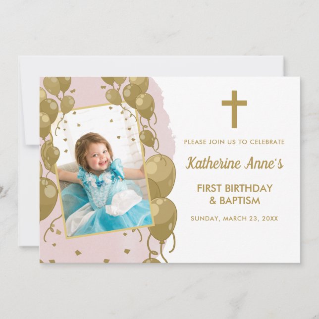Invitación Baptismo 1er cumpleaños Oro rosa foto de texto (Anverso)