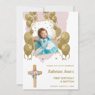 Invitación Baptismo 1er cumpleaños Oro rosa foto de texto