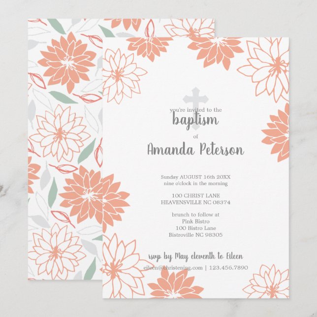 Invitación Baptismo a través del Chica de patrón floral de co (Anverso / Reverso)