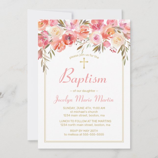 Invitación Baptismo acuarela Floral Rubor Rosa rosa (Anverso)