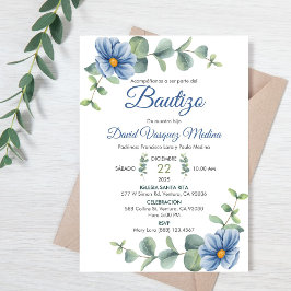 Invitación Baptismo Agua Hojas Verdes y Flores Azules
