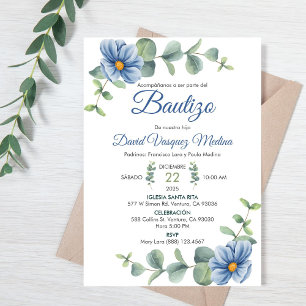 Invitación Baptismo Agua Hojas Verdes y Flores Azules