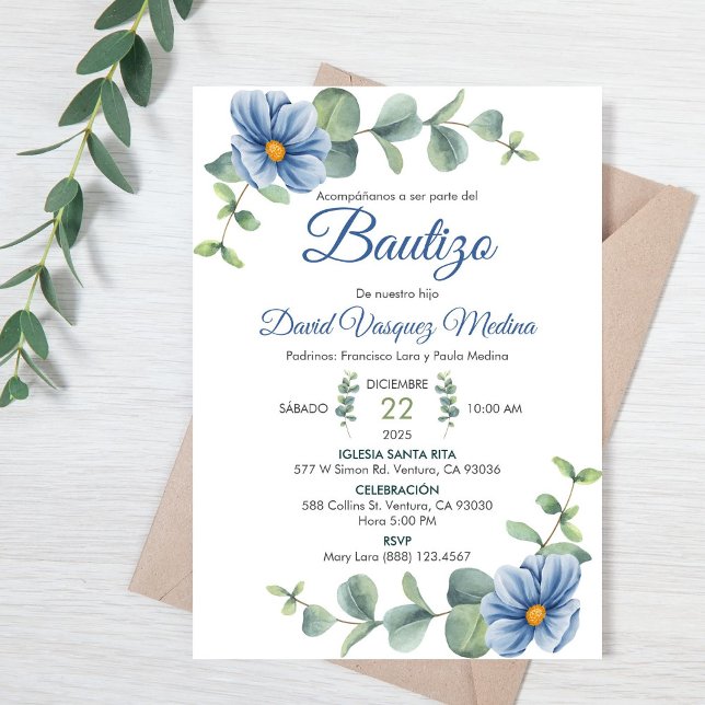 Invitación Baptismo Agua Hojas Verdes y Flores Azules (Subido por el creador)
