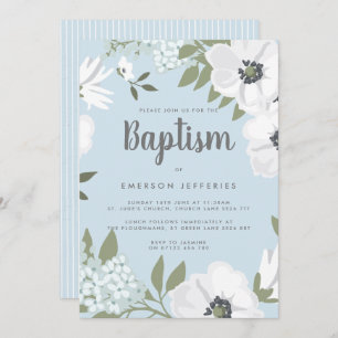 Invitación Baptismo anemónico de color azul y blanco