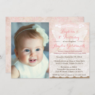 Invitación Baptismo ángel de la vieja cosecha rosa primer cum