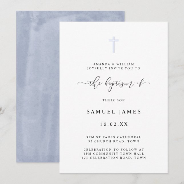 Invitación Baptismo azul clásico Minimalista simple (Anverso / Reverso)