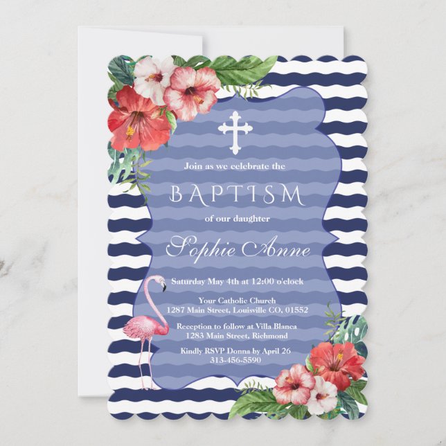 Invitación Baptismo azul de la Marina Floral Flamingo Tropica (Anverso)