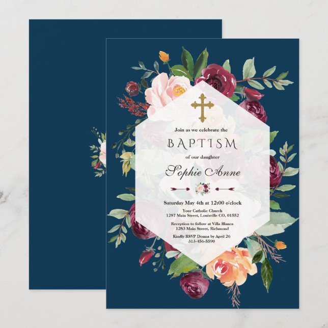 Invitación Baptismo azul de la Marina Geométrica Floral Rubor (Anverso / Reverso)