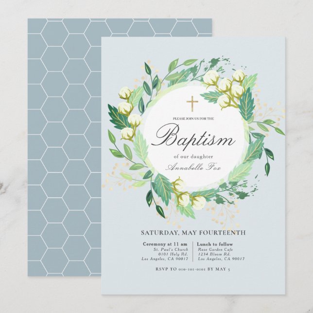 Invitación Baptismo azul del bebé de la guirnalda de algodón (Anverso / Reverso)