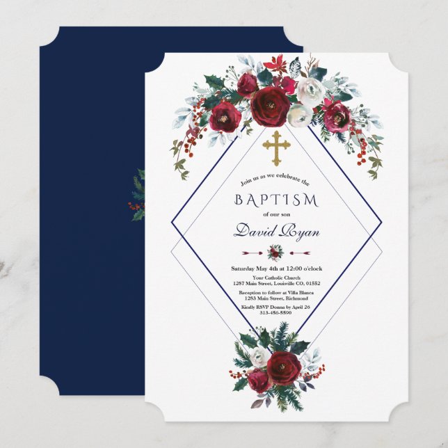 Invitación Baptismo azul geométrico de la Marina de Pino Flor (Anverso / Reverso)