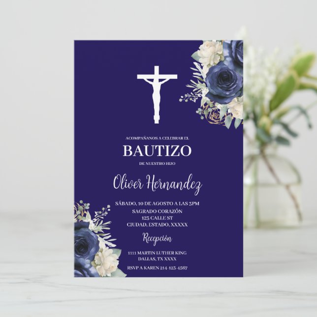 Invitación Baptismo azul marino español (Anverso de pie)
