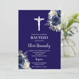 Invitación Baptismo azul marino español