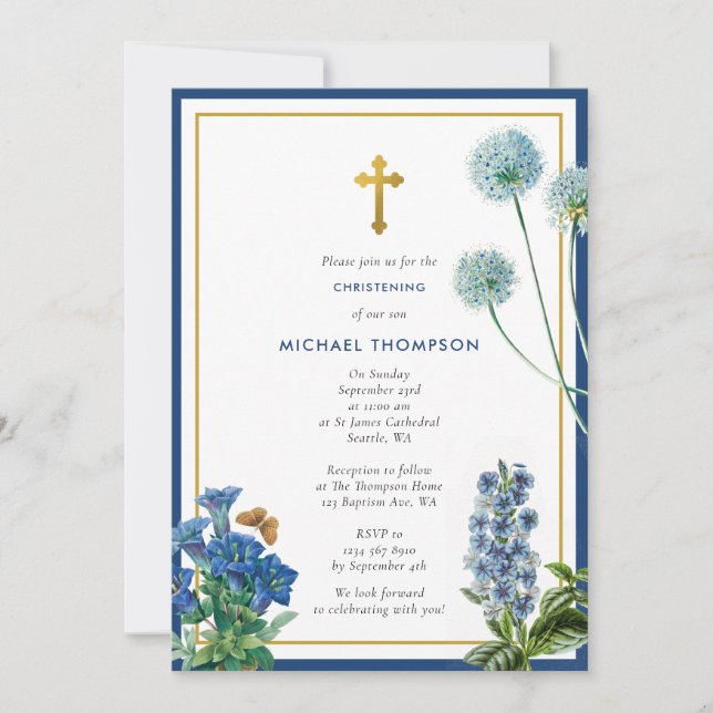 Invitación Baptismo azul marino y bautizo de oro Christening  (Anverso)
