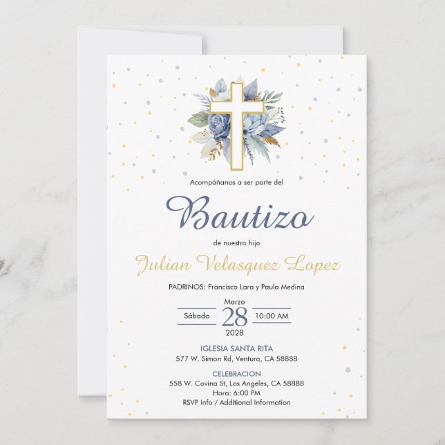 Invitación Baptismo Azul Niños Cruzan Flores Bautizo Español (Anverso)