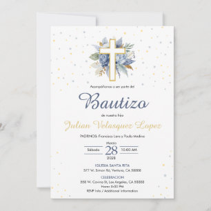 Invitación Baptismo Azul Niños Cruzan Flores Bautizo Español