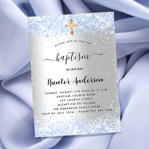 Invitación Baptismo azul plateado confietti bebé lujo