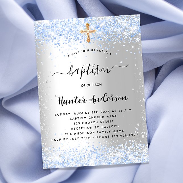 Invitación Baptismo azul plateado confietti bebé lujo (Subido por el creador)