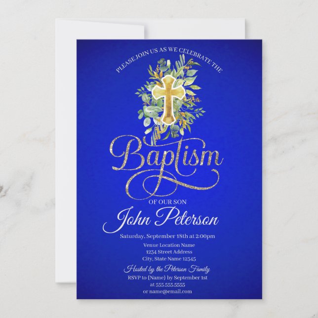 Invitación Baptismo Azul Real de la Cruz Floral (Anverso)