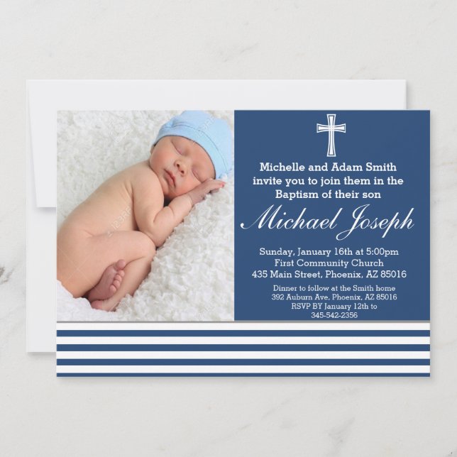 Invitación Baptismo Azul Religioso Niño Blanco Bautizado Cruz (Anverso)