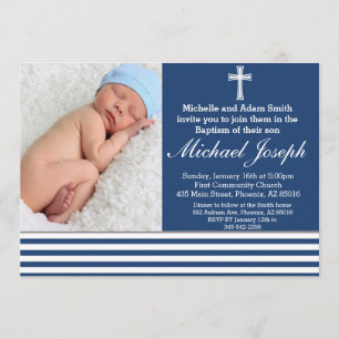 Invitación Baptismo Azul Religioso Niño Blanco Bautizado Cruz