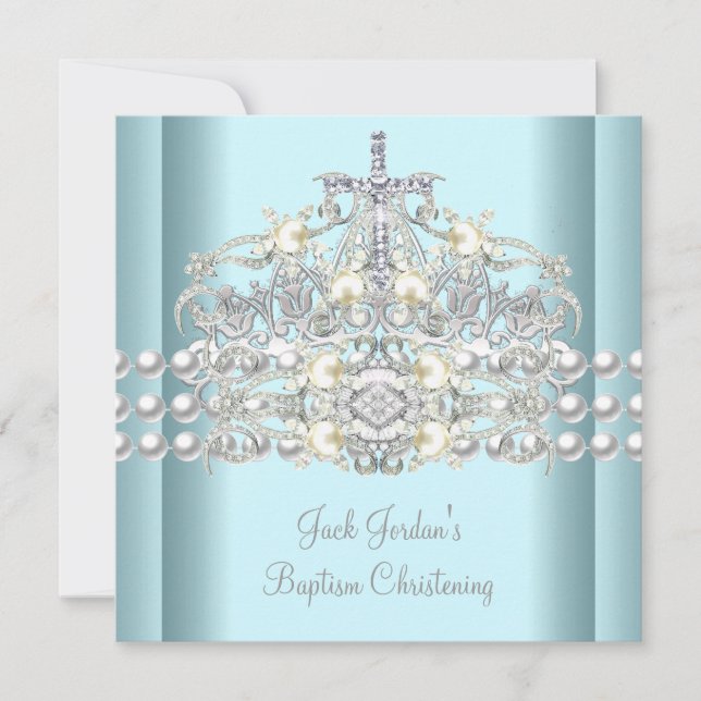 Invitación Baptismo Azul Tiara Plata Perla Blanca Diamante (Anverso)