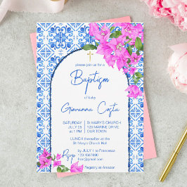 Invitación Baptismo Azulejos azules y elegante Bougainvillea